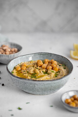 Traditional hummus from chickpea. Spread. Assorted meze and dips with crispy pita. Middle eastern cuisine