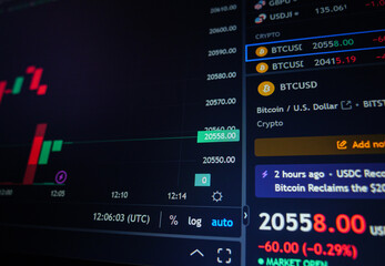 Stockmarket online trading chart on crypto currency platform. Cryptocurrency trading online.. Computer screen closeup background.