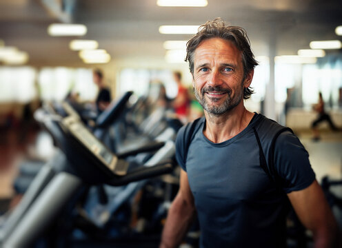 Gym, a smiling portrait of a man in his forties exercising at a health club. Generative ai