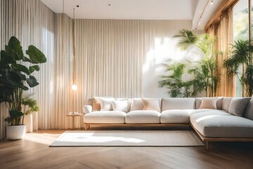 A room that radiates pure serenity, with a minimalist sofa, bamboo blinds, and soft, neutral hues.  - obrazy, fototapety, plakaty