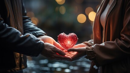 Two people hand over small heart in each other hands - Powered by Adobe