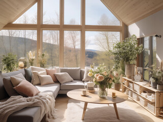 AI generated. Bright and Airy Modern Living Room with Panoramic Mountain View