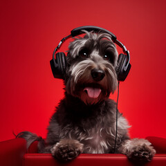 Gamer dog playing video games on a red background.
