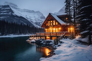 Obraz premium Cozy cabin house with light during blue hour near lake with snow, winter landscape.