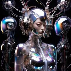 3D rendering of a female robot with futuristic head isolated on black background.  AI generated.