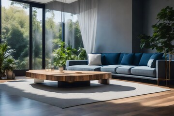 A room designed for tranquility, featuring a gray sofa, a Zen fountain, and a natural wood coffee table.