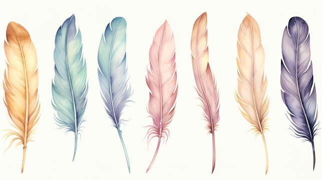 Watercolor feathers on a white background