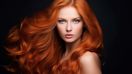 Naklejka premium Beautiful red hair woman with long wavy coloring hairstyle. Beauty ginger lady