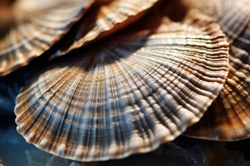 Pattern nature sea mollusk background scallop seashell marine closeup shell seafood ocean - obrazy, fototapety, plakaty