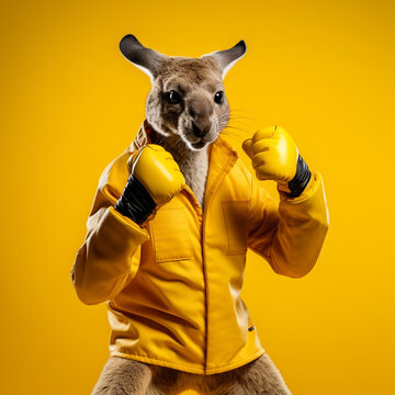 Kangaroo with boxing gloves on a yellow background.