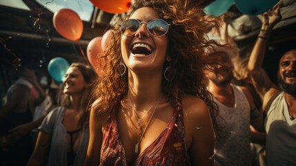 Group of happy friends having party on yacht - obrazy, fototapety, plakaty