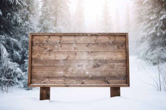 Wooden sign board snow covered with copy space for text