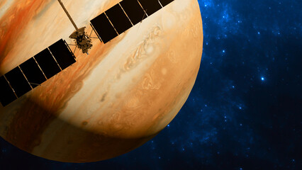 Clipper spacecraft traveling to the moon Europa with Jupiter rising in the background. 3d rendering. Elements of this image are furnished by NASA © Naeblys