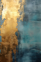 abstract wall showing gold and blue, in the style of dripping paint, dark gold and dark aquamarine created with Generative Ai