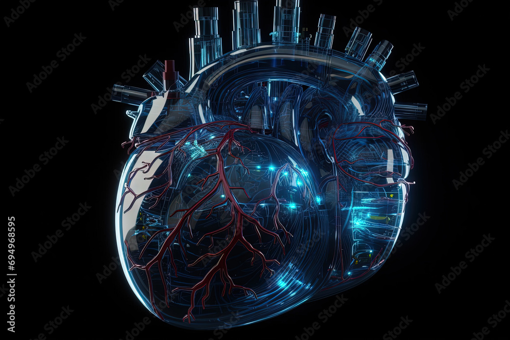 Poster technological heart concept for healthcare or digital motor idea. generated ai.