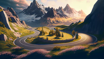 Foto op Canvas Trip on a bicycle or motorcycle through picturesque mountain serpentines and panoramic roads. background, Ai generated image © TrendyImages