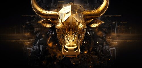 Golden bull head like symbol representing financial market trends, crypto currency market