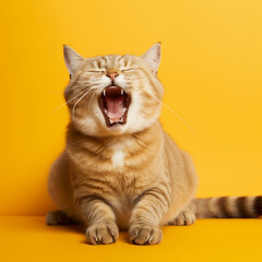 Yawning cat on a yellow background.