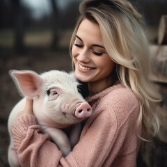 Farmer woman hugging a little pig.
