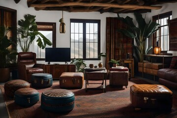 A lounge that reflects a love for travel and adventure, featuring a mix of tribal prints, leather poufs, and a vintage suitcase coffee table. It's where wanderlust meets relaxation. - obrazy, fototapety, plakaty