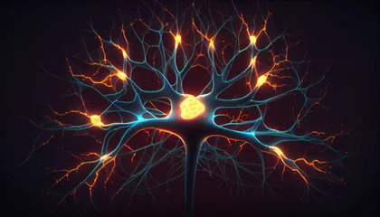 Zelfklevend Fotobehang Unraveling the Intricacies Illuminating Neuronal Connections in a Three-Dimensional Brain Network, Macro neurons cells concept, isolated Background, Ai generated image. © TrendyImages