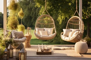 Fototapeta premium Beautiful wooden terrace with garden furniture and swing surrounded by greenery on a warm, summer day with warm sun light
