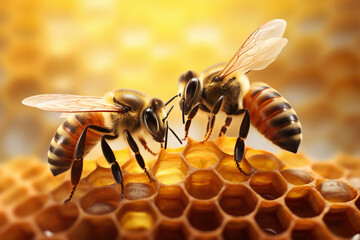 Detailed macro image of a bee collecting honey in a beehive.. Bee on a honeycom. Generative ai - obrazy, fototapety, plakaty