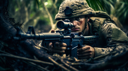 Soldier with camouflage and weapon on the beach coast background. - obrazy, fototapety, plakaty