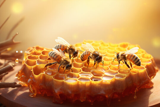 Detailed macro image of a bee collecting honey in a beehive.. Bee on a honeycom. Generative ai