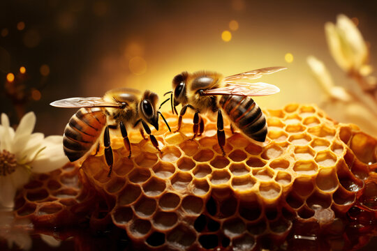 Detailed macro image of a bee collecting honey in a beehive.. Bee on a honeycom. Generative ai