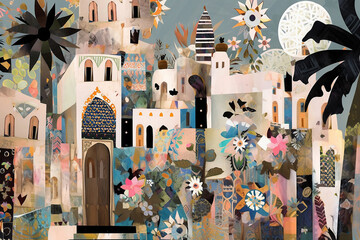 zentangle ancient middle eastern Istanbul city , digital collage with flowers that combines vintage imagery