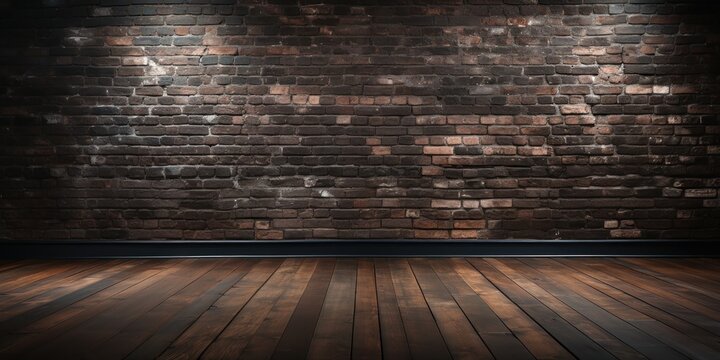 Large room with dark wooden floors and a black brick wall with texture.