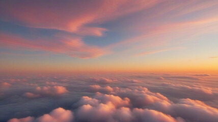Sunset, sunrise, sky with clouds at twilight, dusk, dawn, flying above the clouds, over the clouds,...