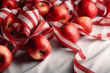 Red apples ribbon background. Heap of apples with red and white decoration band. Generate ai