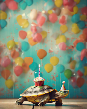 Naklejki Turtle walking with a cupcake