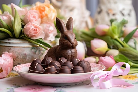 easter chocolate bunny with yellow ribbon and yellow and green eggs on plate with daisy flowers and tulips