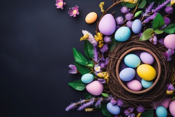Fototapeta na wymiar Happy Easter card creative holiday concept with easter eggs in nest spring flowers and candies with copy space for text Flat lay pattern.
