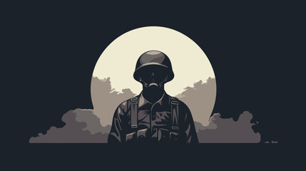 minimalistic paying homage to military history. lone soldier's helmet and rifle, stands out against a gradient background transitioning from gritty grays to somber blacks. Vector illustration - obrazy, fototapety, plakaty