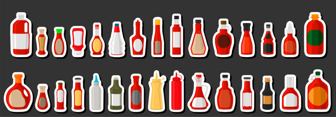Illustration on theme big kit varied glass bottles filled liquid sauce chili - obrazy, fototapety, plakaty