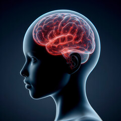 A human head with the brain highlighted in red. ai generative