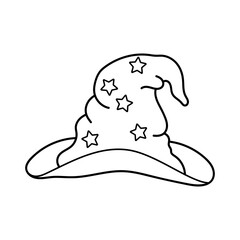 Hat with stars. Wizard's hat. Magician. Icon, coloring page, black and white vector illustration.