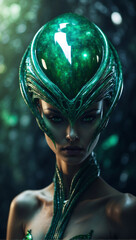 Beautiful female green Alien character. Alien Concept. Hybrid reptile character on futuristic green background