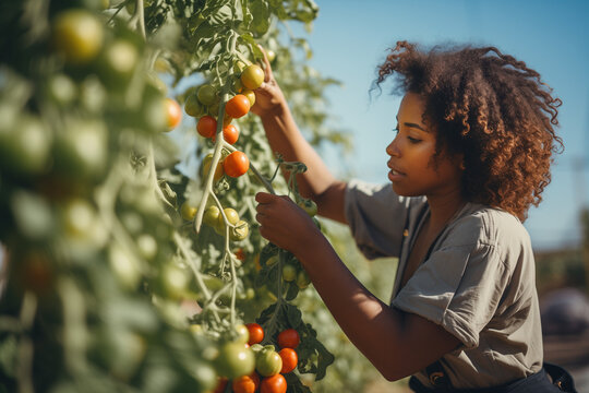 A Hardworking Black Woman Gently Picking Fresh Tomatoes in a Lush Greenhouse Environment
