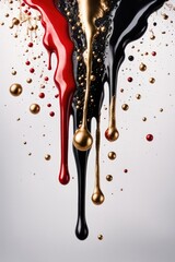 Multicolored paint flows over a white background. Black paint, gold paint, red paint, white...