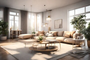 Naklejka na ściany i meble A cozy living room bathed in soft natural light, adorned with a comfortable couch, plush cushions, and stylish decor, creating an inviting interior space that seamlessly blends comfort 