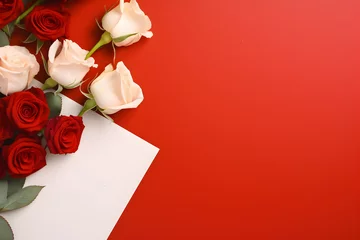 Fototapeten Rosas y hoja en blanco sobre fondo rojo: diseño romántico para San Valentín en tonos burdeos y naranjas © Janire Fernández