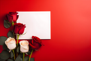 Rosas y hoja en blanco sobre fondo rojo: diseño romántico para San Valentín en tonos burdeos y naranjas - obrazy, fototapety, plakaty