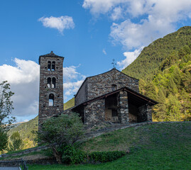 Fototapeta na wymiar Sant Joan de Caselles in Canillo: 12th-century Romanesque church tower bell renowned exemplar of Andorran religious Romanesque architecture