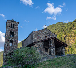 Fototapeta na wymiar Sant Joan de Caselles in Canillo: 12th-century Romanesque church tower bell revered as prime Andorran religious architecture