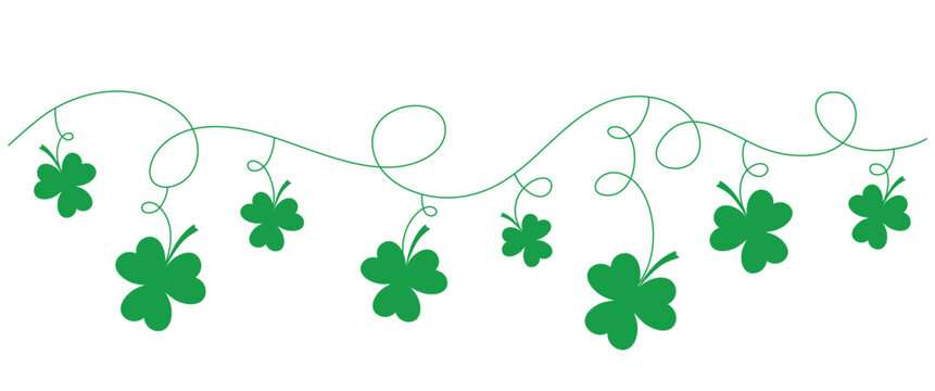 Lucky leaf clover vector, border for Irish Patricks day background. Green shamrock leaves, wavy divider isolated on transparent background, vector illustration